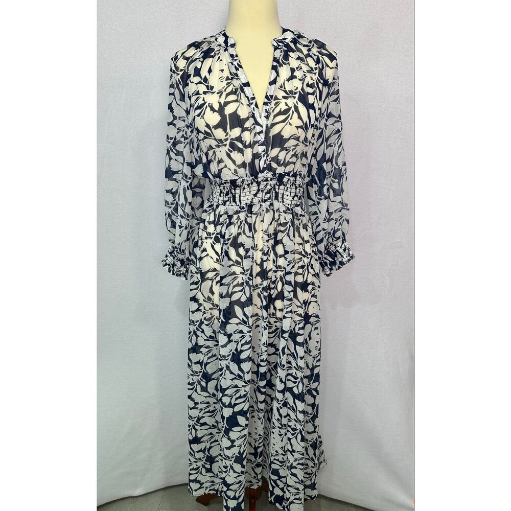 Hudson North Blue White Floral Sheer Smocked Waist Maxi Dress Size Large - Picture 2 of 10